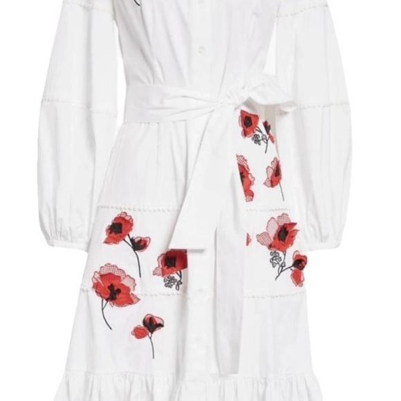 Carolina Herrera Embroidered
Long-Sleeve Shirtdress Red Floral Accents Sz 16 - Picture 10 of 16